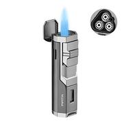 PIPITA Antivento Torcia Accendino, 3 Getto Blu Fiamma Metallo Ricaricabile Gas Butano Con Puncher (Venduto Senza Gas)