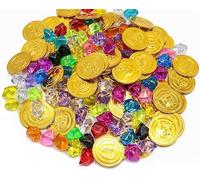 PIQIUQIU 150 Pezzi Monete d'oro Pirata(50 Pezzi Monete Finte e 100 Pezzi Diamanti Acrilici) Tesori per la Caccia al Tesoro Bambini Compleanno