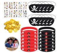 Pirata decorazione per bambini, 24 monete pirata, 12 lembi oculari pirata, 12 braccialetti in silicone pirati, toppe pirate, monete d'oro, compleanno per bambini, Natale, Polivinilcloruro (PVC)