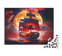 Pirate Ship Moonlight 100% Recycled Cardboard Blood Moon Pirate Ship 1000 Piece Jigsaw Puzzles Adults And Children Beautiful Decoration 38x26cm/1000pcs