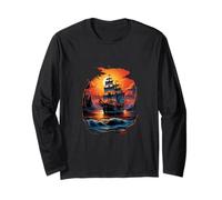 Pirate Ship Nautical Boat Captain Freebooter Sailing Tramonto Maglia a Manica