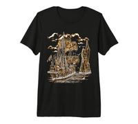 Pirati Nave Aperta Acqua Roccia Squalo Caraibi Scena Maglietta Premium