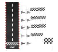 Pista da corsa, corridore, bandiera a scacchi, mano che sventola, auto, sfondo