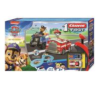 Carrera First PAW Patrol, On The Track - pista di gioco con Chase & Marshall, regolatore manuale adatto ai bambini, distanza di 2,4 metri e elementi interattivi, per piccole corse e avventure