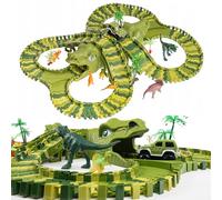Pista dinosauri per bambini con macchinine e fuoristrada, set D-200 | Binari flessibili da combinare liberamente, con looping e figure preistoriche, dai 3 anni