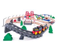 Pista ferroviaria in legno con locomotiva a batteria, 80 pezzi