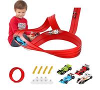 Pista flessibile per auto da corsa, 3,9 m, include 4 macchinine giocattolo pressofuse, da attaccare alle porte delle finestre, doppia Racetrac portatile per urti salti tunnel loops, ideale per ragazzi