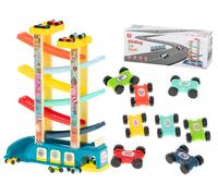 Pista per auto colorata con scivolo e garage - 8 macchinine