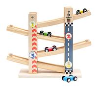 Pista per Auto in Legno con 4 Macchinine, Rampa Click Clack per Bambini, Pista Biglie Legno 2 anni