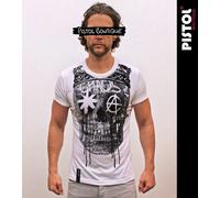 Pistol Boutique Bianco Uomo Rolled Maniche Girocollo Graffiti Skull Crown Maglia