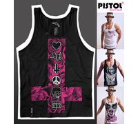 Pistol Boutique Canotta Uomo Nera Cotone Jersey Vest Con Stampa Logo PINK ROSES
