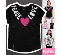 Pistol Boutique Donna Nero Casual Girocollo Torace Amore Pace Cuore T-Shirt