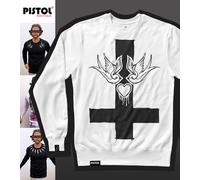 Pistol Boutique Felpa Uomo Bianca Girocollo Cuore Croce Rondine Maniche Lunghe