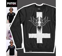 Pistol Boutique Felpa Uomo Nera Con Cuore, Croce E Rondine Girocollo