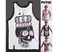 Pistol Boutique Gilet Uomo Bianco LIFE DEATH SINNER CROWN SKULL Canotta