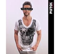 Pistol Boutique Maglietta Fitted Bianca Deep V Neck Graffiti Skull Crown