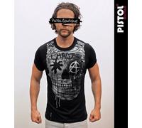 Pistol Boutique Maglietta Nera Manica Rolled Crew Neck Graffiti Skull Crown