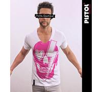 Pistol Boutique T-Shirt Bianco Uomo V Profondo BOWIE LIGHTNING BOLT SKULL
