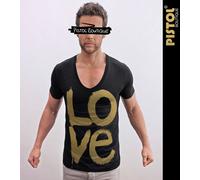 Pistol Boutique T-Shirt Nero Uomo Slim Deep V Neck LOVE Graffiti Paint