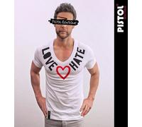 Pistol Boutique T-Shirt Uomo Fitted Bianco Deep V Neck Love Hate Chest Heart