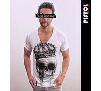Pistol Boutique T-Shirt Uomo Fitted Bianco Deep V Neck Skull Crown Paint Eyes