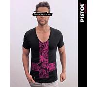 Pistol Boutique T-Shirt Uomo Fitted Nero Deep V Neck Sketch Roses Cross Fiori