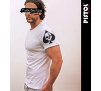 Pistol Boutique Uomo Aderente Bianco Girocollo Rolled Maniche Teschio Ace Spade