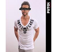 Pistol Boutique Uomo Aderente Bianco Profondo V Collo Torace Hopes & Fears Skull