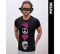 Pistol Boutique Uomo Aderente Nero Girocollo Cuore Teschio Pace Logo T-Shirt