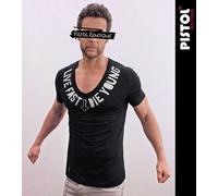 Pistol Boutique Uomo Aderente Nero Profondo Scollo A V Live Fast Die Young Croce