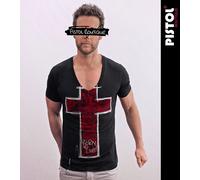 Pistol Boutique Uomo Aderente Nero Profondo Scollo A V Rosa Croce Born To Live