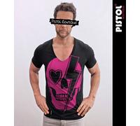 Pistol Boutique Uomo Aderente Nero Profondo Scollo V Bowie Fulmine Skull T-Shirt