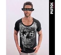 Pistol Boutique Uomo Aderente Nero Rotondo Girocollo Graffiti Skull Crown Maglia