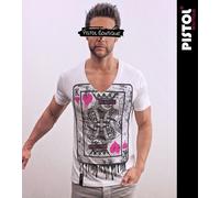 Pistol Boutique Uomo Bianco Aderente Profondo Scollo A V Re Di Cuori Scheda Logo