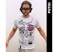 Pistol Boutique Uomo Bianco Girocollo Hipster Icon Doodles Logo Cuore T-Shirt