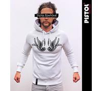 Pistol Boutique Uomo Bianco Pullover Tatuaggio Torace Rondini Logo Moda Felpa