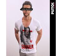 Pistol Boutique Uomo Fitted Bianco Deep V BORN TO SIN SINNER REBEL GIRL T-Shirt
