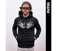 Pistol Boutique Uomo Maglione Nero Tatuaggio Torace Rondini Logo Moda Cappuccio