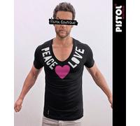 Pistol Boutique Uomo Nero Aderente Profondo Scollo A V Peace & Love Torace Cuore