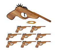 Relaxdays 9X Pistola Spara Elastici, Arma Giocattolo in Legno, con 5X Gommini, Divertente Gioco Bambini, Esterno, Naturale