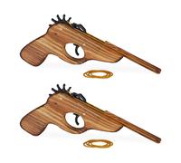 Relaxdays 2X Pistola Spara Elastici, Arma Giocattolo in Legno, con 5X Gommini, Divertente Gioco Bambini, Esterno, Naturale