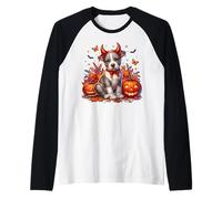 Pit Bull Puppy with Devil Horns Headband for Halloween Maglia con Maniche Raglan