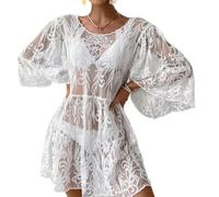 Pitadue Traspirante Donne Coprire per Spiaggia Dettaglio Pizzo Tre Quarti Campane Maniche Poliestere Texture per Piscina e Spiaggia Attività Donna Coverup