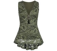 Pitashe - Maglia da donna con scollo a V, con chiusura lampo, in pizzo, da donna, estiva, per feste, camicetta camisole, verde, L, T-shirt