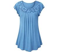 Pitashe - Maglia da donna semplice, a maniche corte, girocollo, in pizzo, in cotone, pieghevole, da donna, estiva, per feste, camicetta, Blu, XL