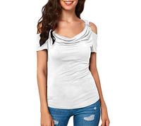 Pitashe - Maglia da donna sexy senza spalline, scollo rotondo, da donna, estiva, in cotone, alla moda, per feste, camicetta, senza pancia, tunica, bianco, L, T-shirt