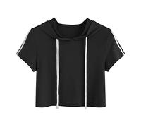 Pitashe - Maglietta da donna a maniche corte, comoda, estiva da donna, con cappuccio, con cappuccio, elegante, per feste, camicetta camisole, camicia, abbigliamento senza pancia, tunica per clubwear,