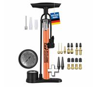 Pitlane Performance® Pompa ad aria con manometro - 42 cm Pompa a pedale con barometro fino a 11 bar Compatibile con valvole Schrader, Presta, Dunlop (Pompa ad aria + scatola accessori XXL da 21 pezzi)