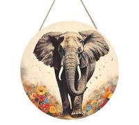 Pittura a forma di elefante, pannello rotondo in legno, 30,5 cm, targa da appendere, rustica, decorazione da parete per la casa, con corda