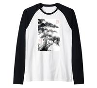 Pittura a inchiostro Sumi-e giapponese della foresta di pino nebbioso Maglia con Maniche Raglan